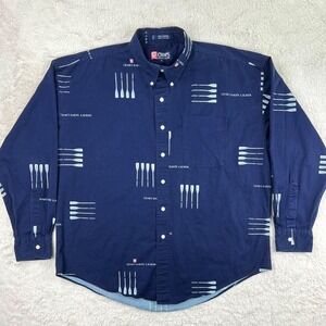 Chaps Ralph Lauren Shirt Men's XL Navy Blue Nautical‎ Oars Long Sleeve 90s VTG